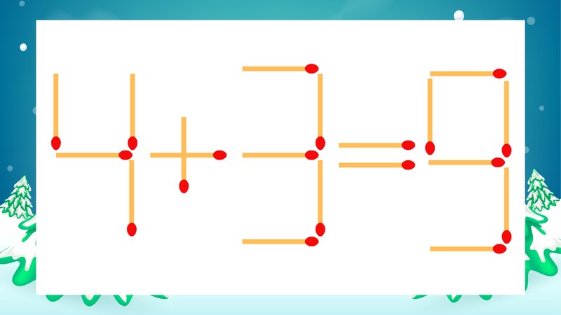【マッチ棒クイズ】1本だけ動かして正しい式に：4+3=9？の画像