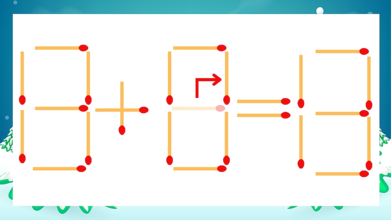 【マッチ棒クイズ】1本だけ動かして正しい式に：13+6=13？の正解画像