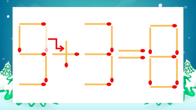 【マッチ棒クイズ】1本だけ動かして正しい式に:9-3=8?の正解画像