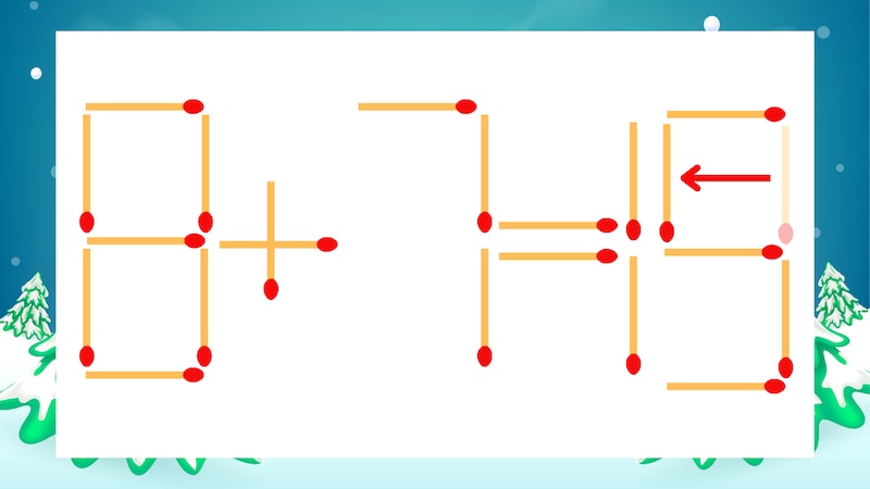 【マッチ棒クイズ】1本だけ動かして正しい式に：8+7=13？の正解画像