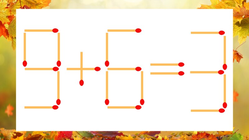 【マッチ棒クイズ】1本だけ動かして正しい式に：9＋6＝3？の画像