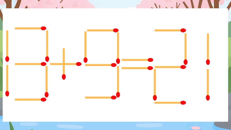 【マッチ棒クイズ】1本だけ動かして正しい式に:13+9=21?の画像