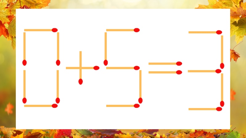【マッチ棒クイズ】1本だけ動かして正しい式に：0＋5＝3？の画像
