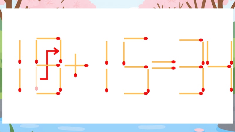 【マッチ棒クイズ】1本だけ動かして正しい式に：16+15=34？の正解画像