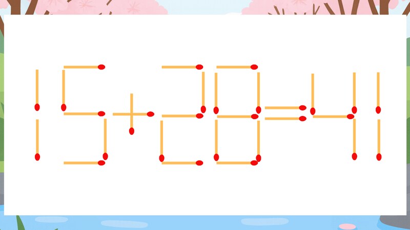 【マッチ棒クイズ】1本だけ動かして正しい式に：15+28=41？の画像