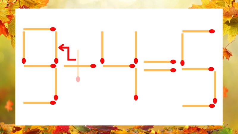 【マッチ棒クイズ】1本だけ動かして正しい式に：5＋4＝5？の正解画像
