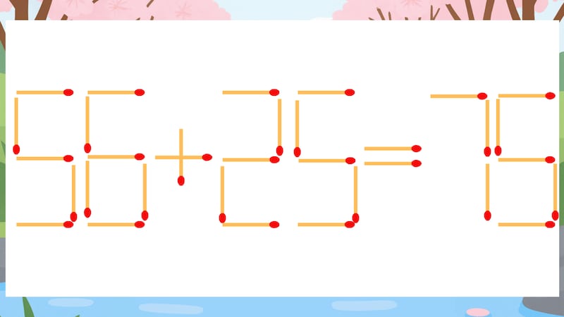 【マッチ棒クイズ】1本だけ動かして正しい式に:56+25=75?の画像