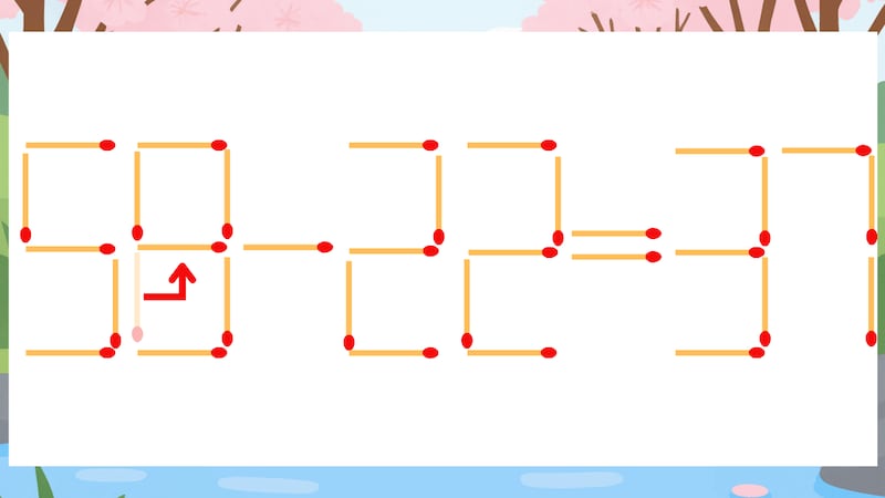 【マッチ棒クイズ】1本だけ動かして正しい式に:50-22=37?の正解画像