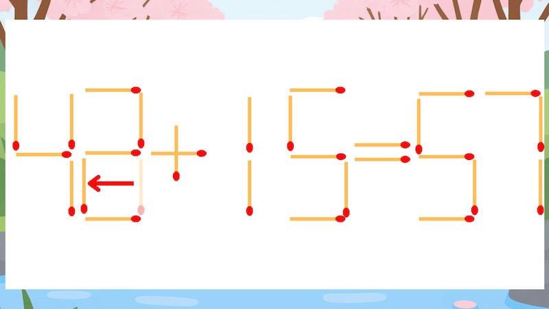 【マッチ棒クイズ】1本だけ動かして正しい式に：43+15=57？の正解画像