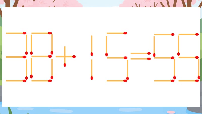 【マッチ棒クイズ】1本だけ動かして正しい式に：38+15=55？の画像