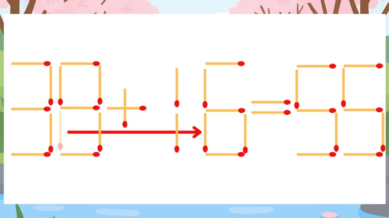 【マッチ棒クイズ】1本だけ動かして正しい式に：38+15=55？の正解画像