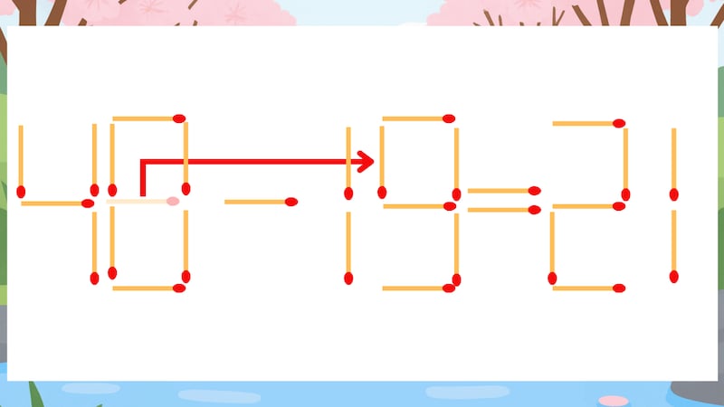 【マッチ棒クイズ】1本だけ動かして正しい式に：48-13=21？の正解画像
