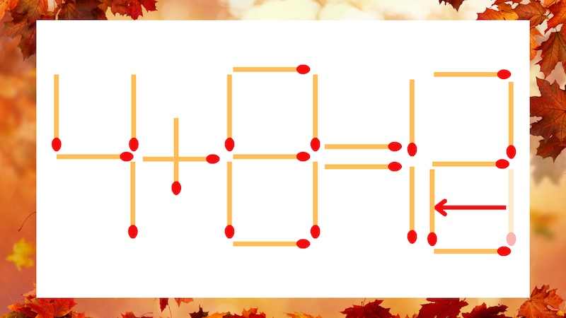 【マッチ棒クイズ】1本だけ動かして正しい式に:4+8=13?の正解画像