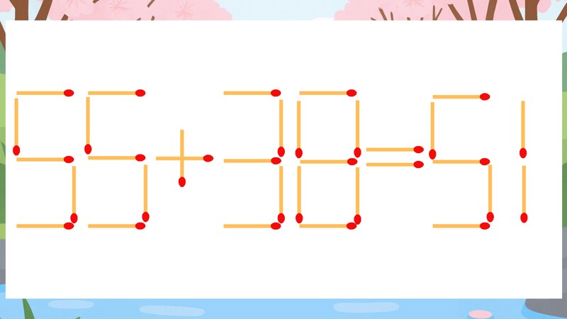 【マッチ棒クイズ】1本だけ動かして正しい式に：55+38=51？の画像