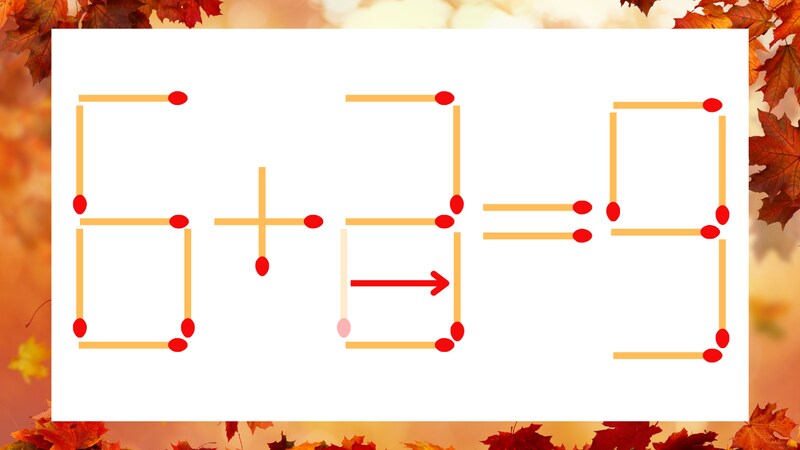【マッチ棒クイズ】1本だけ動かして正しい式に：6＋2＝9？の正解画像