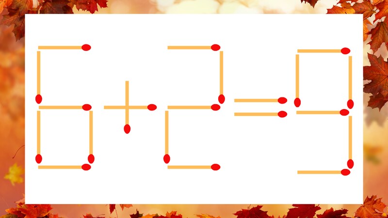【マッチ棒クイズ】1本だけ動かして正しい式に：6＋2＝9？の画像