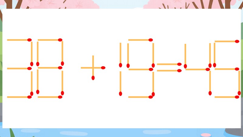 【マッチ棒クイズ】1本だけ動かして正しい式に：38+19=45？の画像
