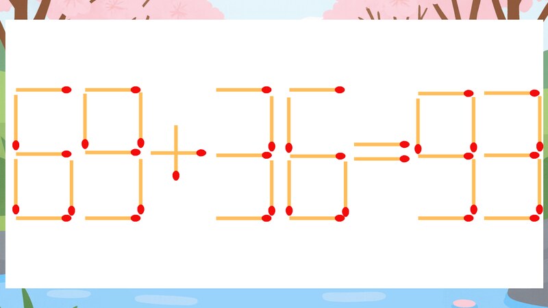 【マッチ棒クイズ】1本だけ動かして正しい式に：69+36=93？の画像