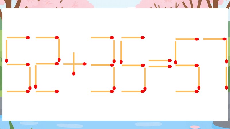 【マッチ棒クイズ】1本だけ動かして正しい式に：52+35=57？の画像