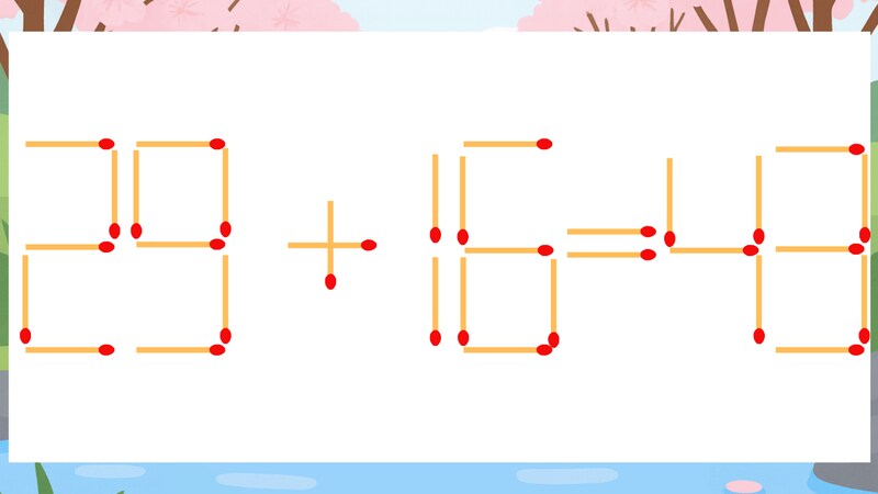 【マッチ棒クイズ】1本だけ動かして正しい式に：29+16=43？の画像