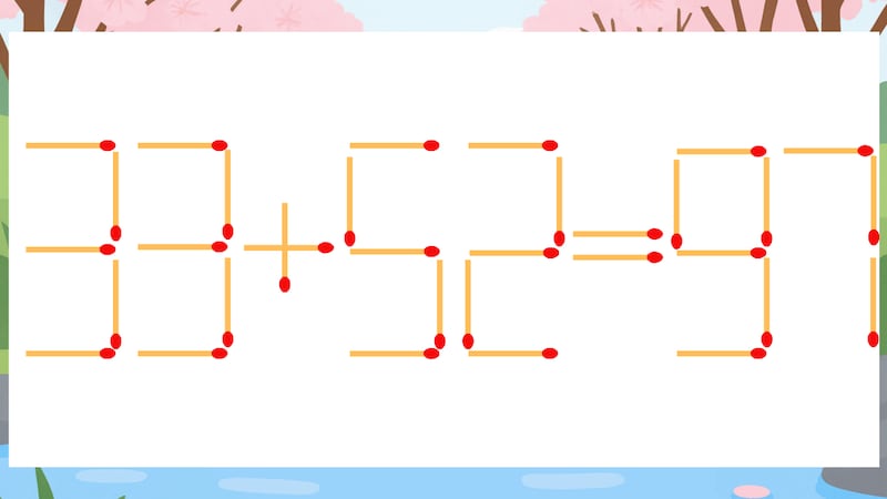 【マッチ棒クイズ】1本だけ動かして正しい式に：33+52=97？の画像