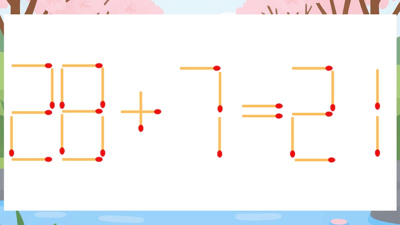【マッチ棒クイズ】1本だけ動かして正しい式に：28+7=21？の画像