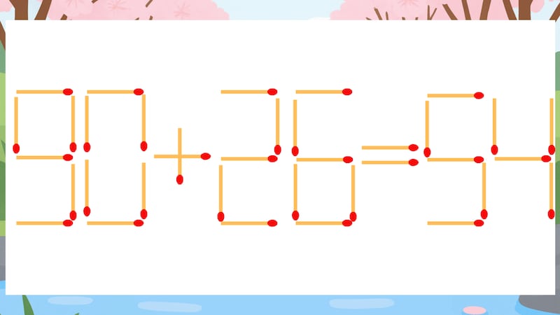 【マッチ棒クイズ】1本だけ動かして正しい式に：90+26=54？の画像