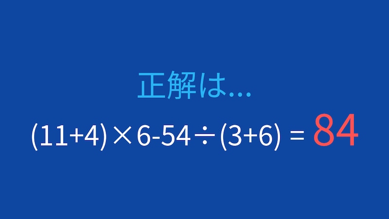 【計算クイズ】(11+4)×6-54÷(3+6) の答えは？の正解画像