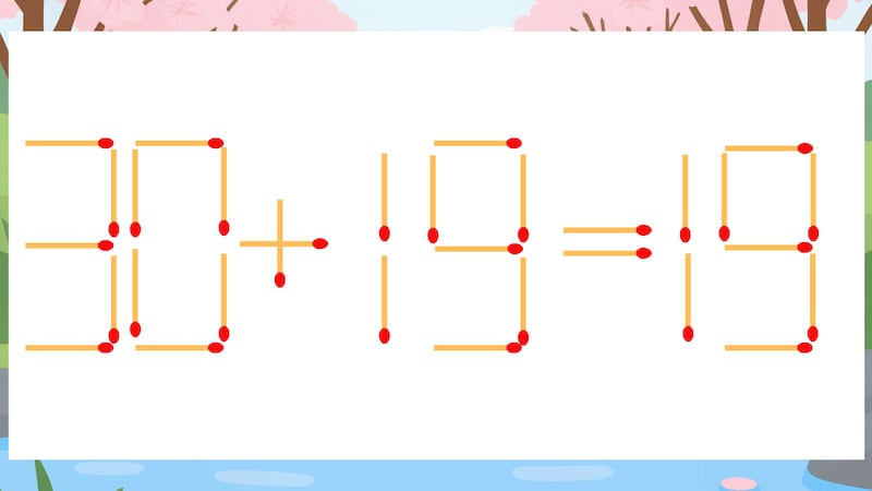 【マッチ棒クイズ】1本だけ動かして正しい式に:30+19=19?の画像