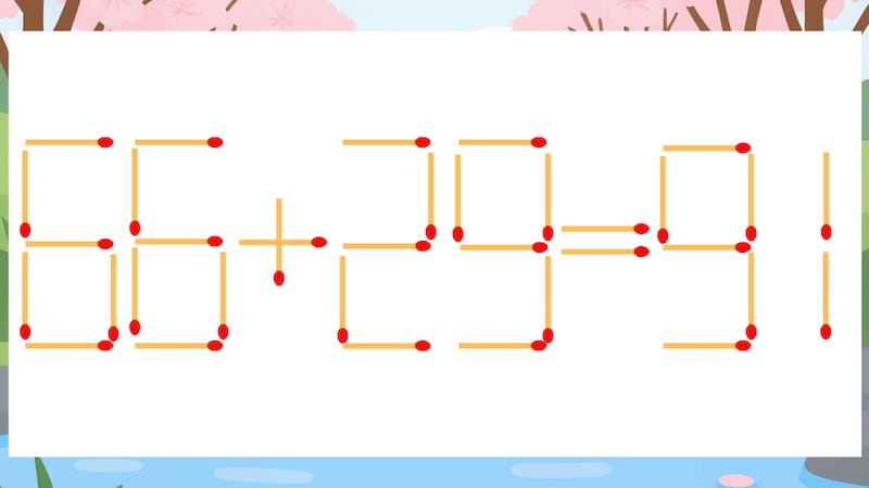 【マッチ棒クイズ】1本だけ動かして正しい式に：66+29=91？の画像