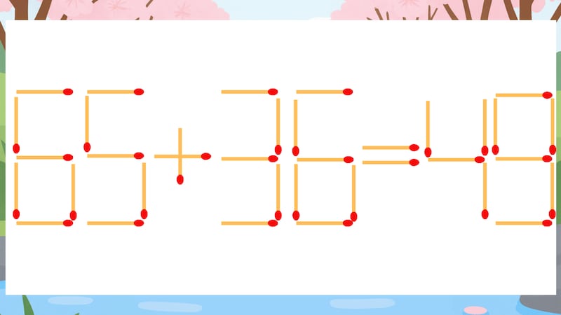 【マッチ棒クイズ】1本だけ動かして正しい式に:65+36=49?の画像