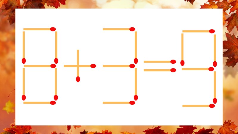 【マッチ棒クイズ】1本だけ動かして正しい式に：8+3=9？の画像