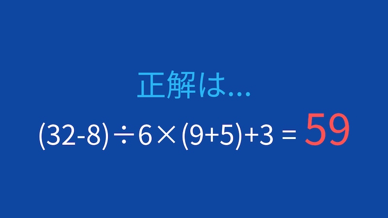 【計算クイズ】(32-8)÷6×(9+5)+3 の答えは？の正解画像