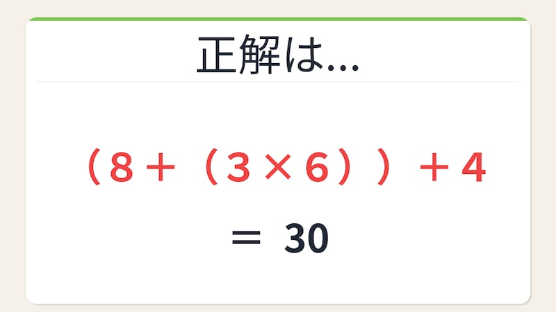 【数式パズル】閃けば一瞬、詰まれば沼！8・3・4・6で30を作ろう！の正解画像