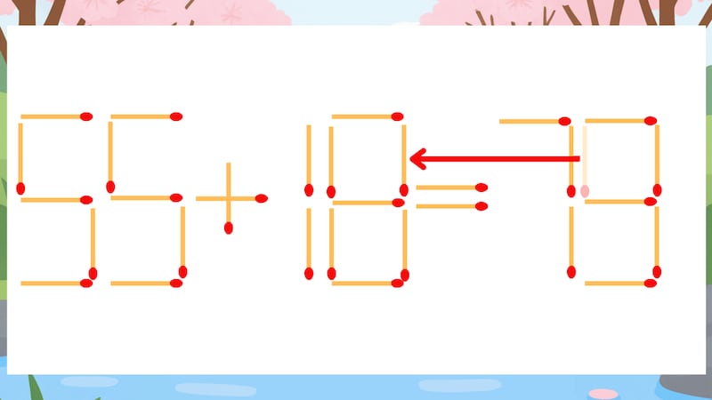 【マッチ棒クイズ】1本だけ動かして正しい式に：55+16=79？の正解画像