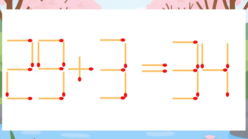 【マッチ棒クイズ】1本だけ動かして正しい式に：29+3=34？の画像