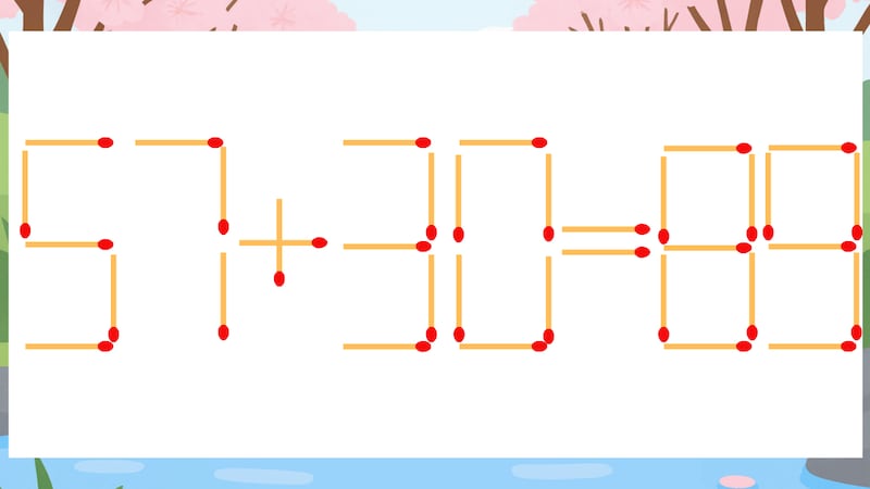 【マッチ棒クイズ】1本だけ動かして正しい式に:57+30=89?の画像