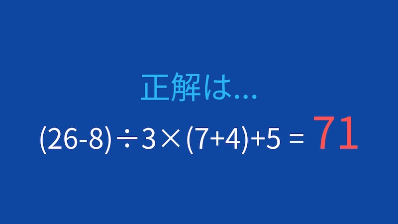 【計算クイズ】(26-8)÷3×(7+4)+5 の答えは？の正解画像