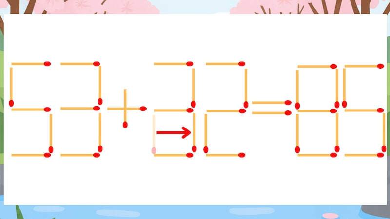 【マッチ棒クイズ】1本だけ動かして正しい式に:53+22=85?の正解画像