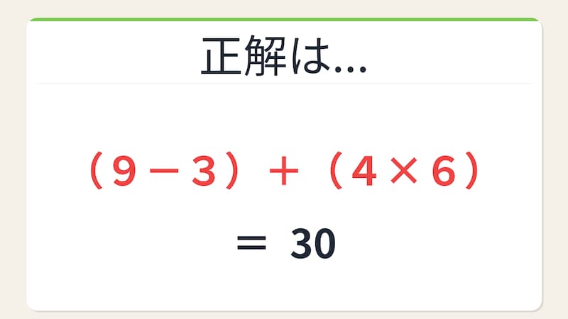 【数式パズル】閃けば一瞬、詰まれば沼！3・9・4・6で30を作ろう！の正解画像