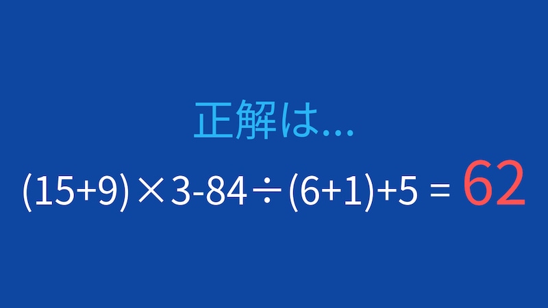 【計算クイズ】(15+9)×3-84÷(6+1)+5 の答えは？の正解画像