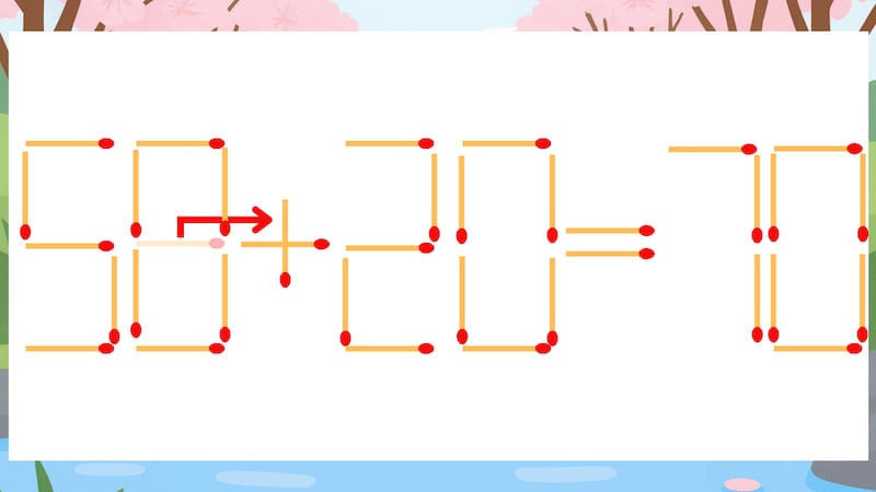 【マッチ棒クイズ】1本だけ動かして正しい式に：58-20=70？の正解画像