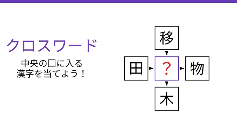 【二字熟語クロスワード】4つの熟語を完成させよ！真ん中に入る漢字一文字は？の画像