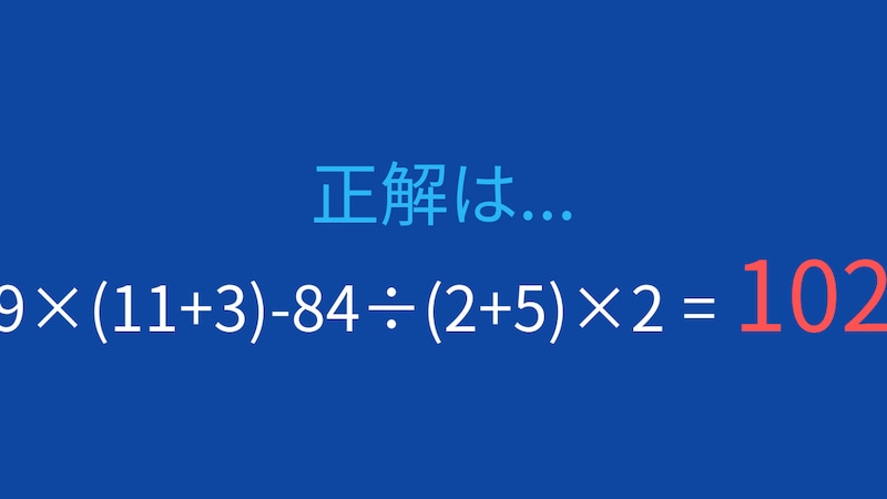 【計算クイズ】9×(11+3)-84÷(2+5)×2 の答えは？の正解画像