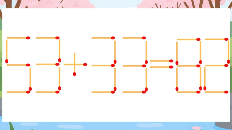 【マッチ棒クイズ】1本だけ動かして正しい式に：53+33=82？の画像