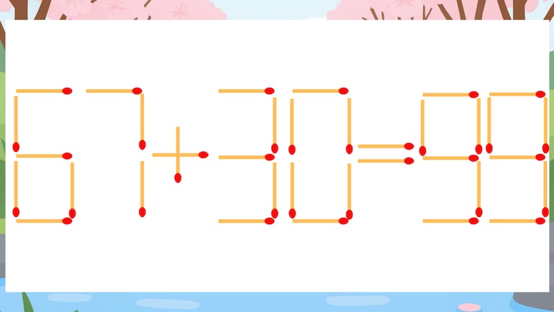 【マッチ棒クイズ】1本だけ動かして正しい式に：67+30=99？の画像