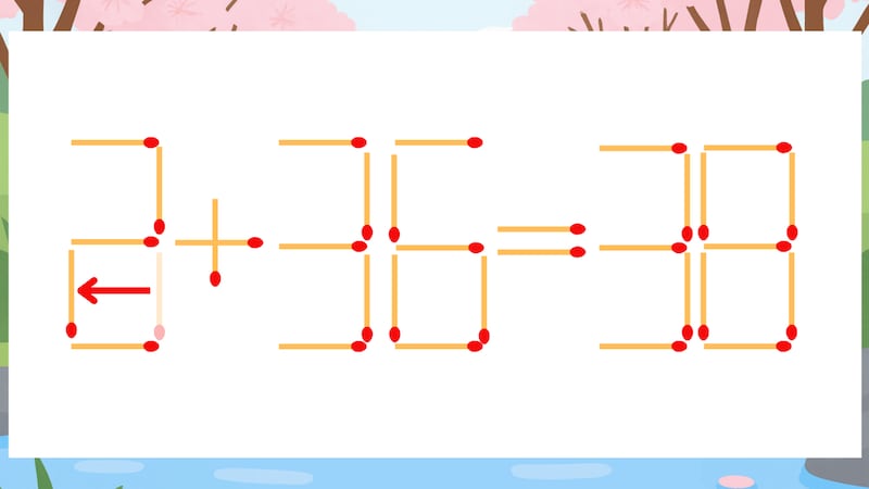 【マッチ棒クイズ】1本だけ動かして正しい式に：3+36=38？の正解画像
