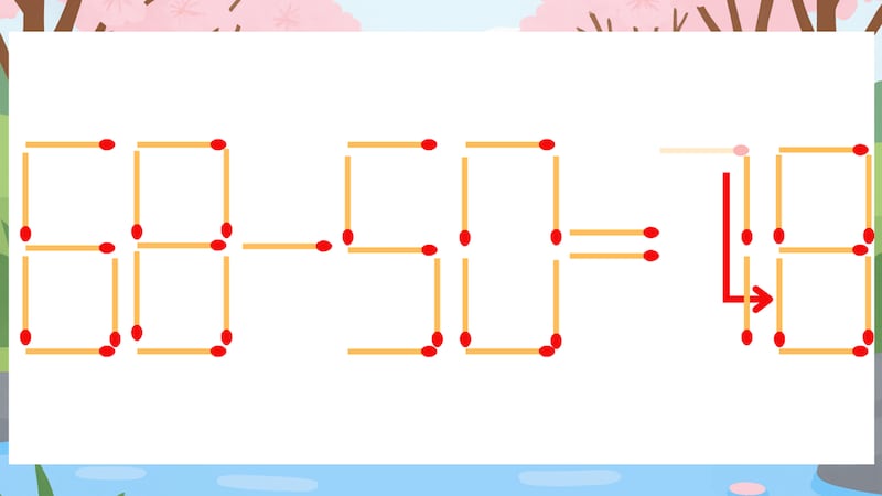 【マッチ棒クイズ】1本だけ動かして正しい式に：68-50=79？の正解画像