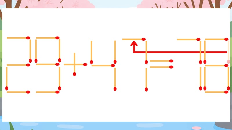 【マッチ棒クイズ】1本だけ動かして正しい式に：29+41=78？の正解画像