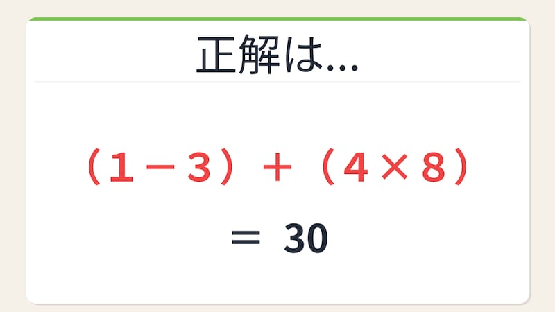 【数式パズル】閃けば一瞬、詰まれば沼！1・3・4・8で30を作ろう！の正解画像